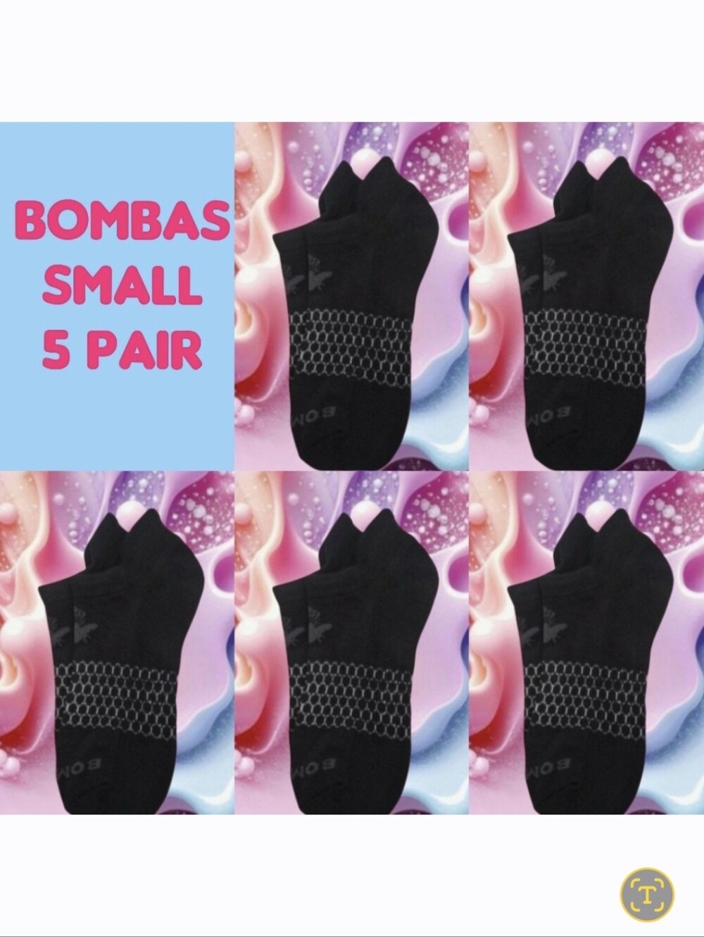 Bombas Ankle Socks Small 5 Pair Womens Honeycomb Black/Grey BNWT
